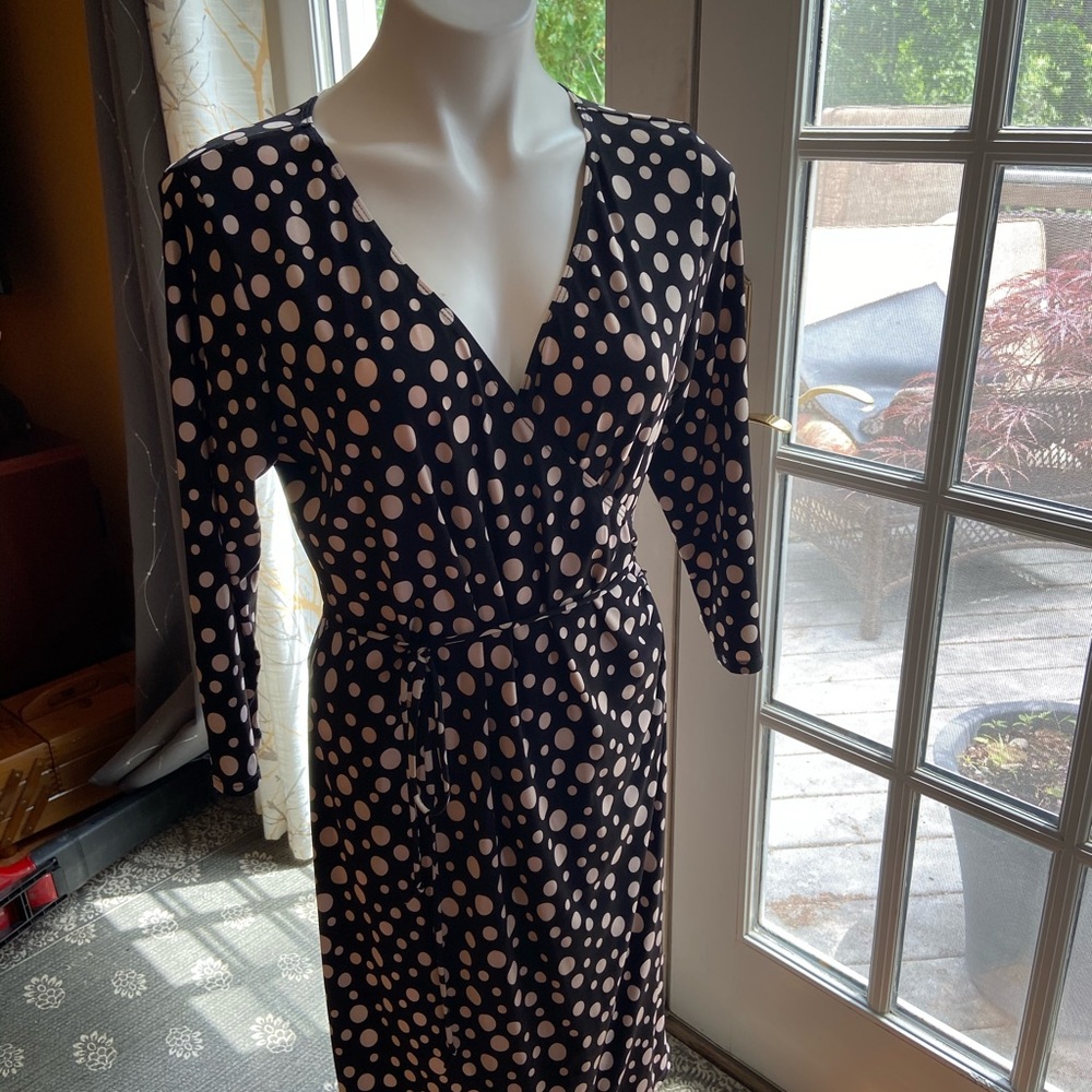 Alyn Paige Black Wrap Dress with Cream Polka Dots